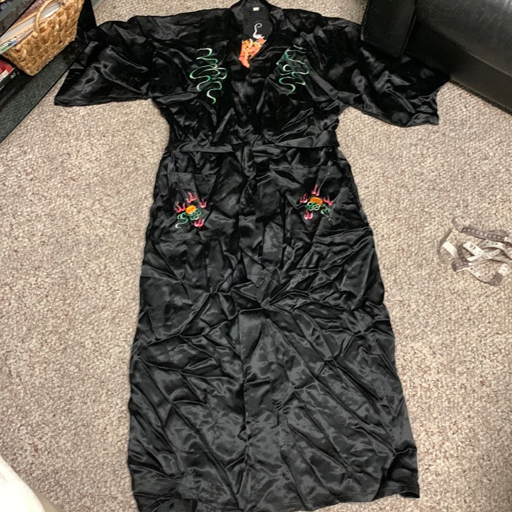 Vintage Black Chinoiserie Kimono Robe with Multicolor Dragon Embroidery
